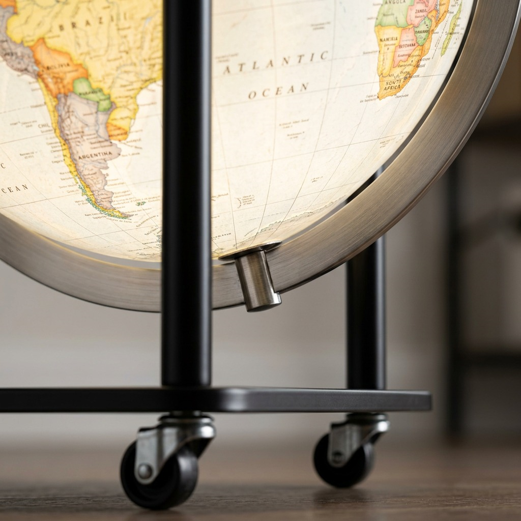 Extreme macro photo showing the detailed typography, texture and illumination of the Replogle bar globe's map surface.
