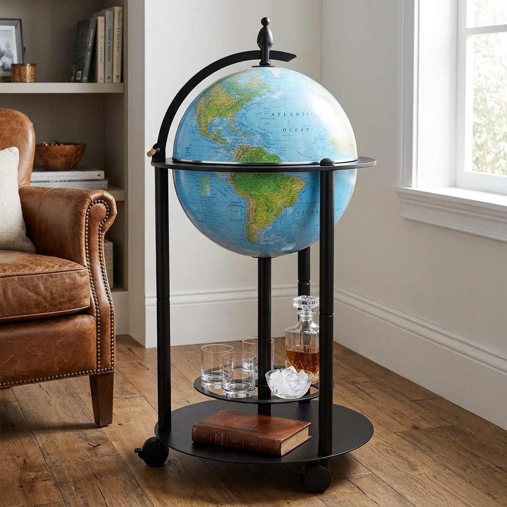 Replacement image for a Bar Globe (MPN: 87808): a lifestyle context shot showing the product in a realistic living room, using natural lighting to emphasize its classic design and bar functionality, with clean, ecommerce styling.
