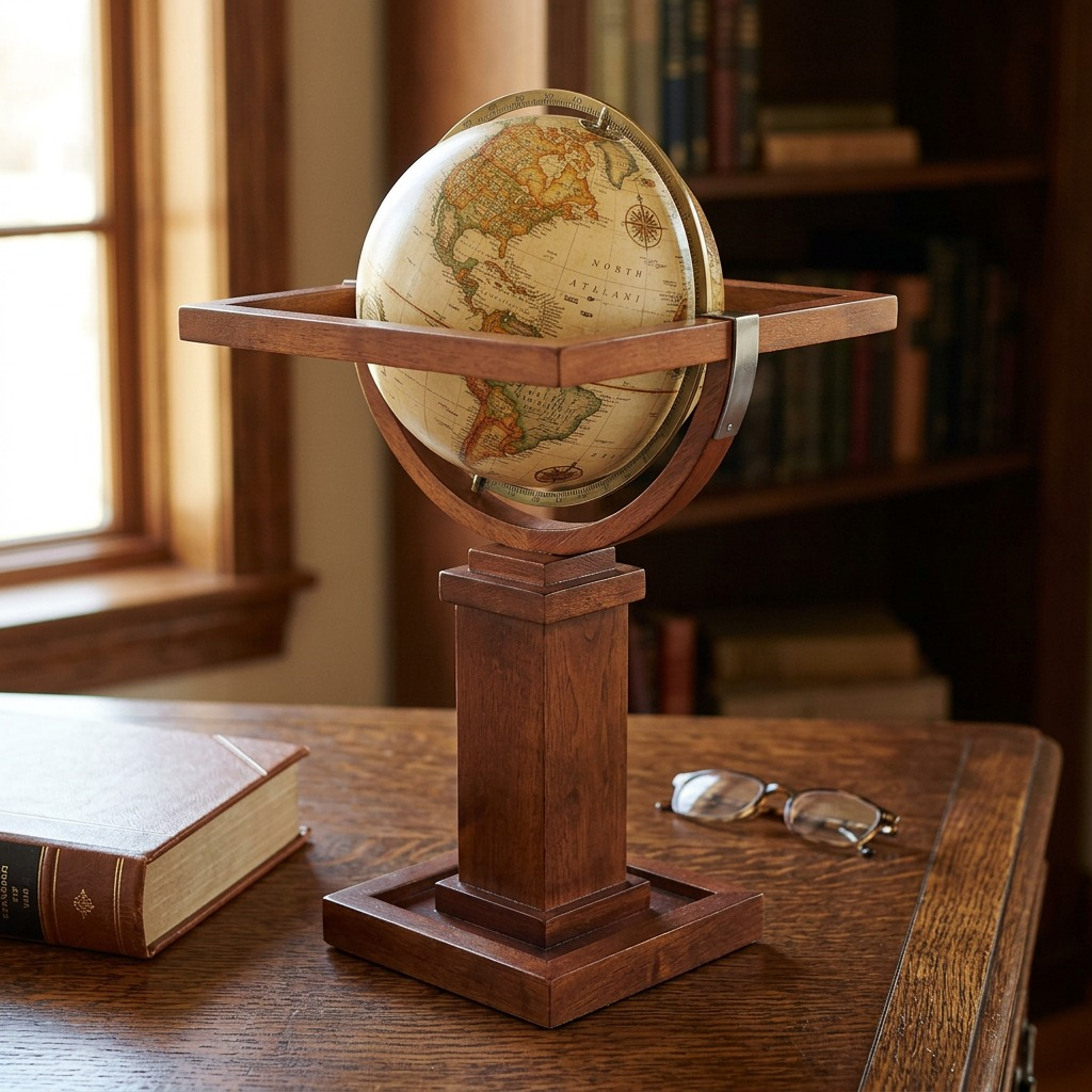 A scale reference view of the Wright antique globe next to a book and glasses on a desk.