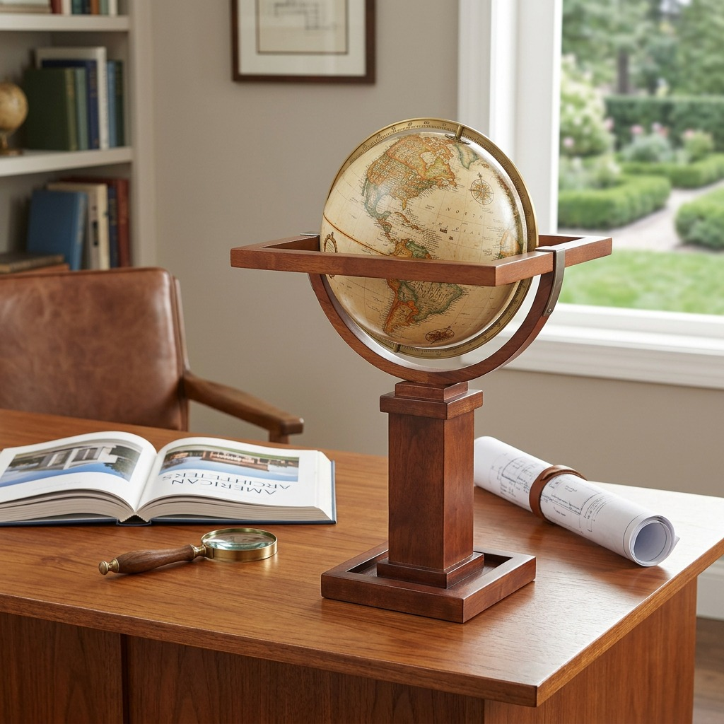 Lifestyle shot: Frank Lloyd Wright globe on a mid-century desk, with an open book, architectural compass, and window view.