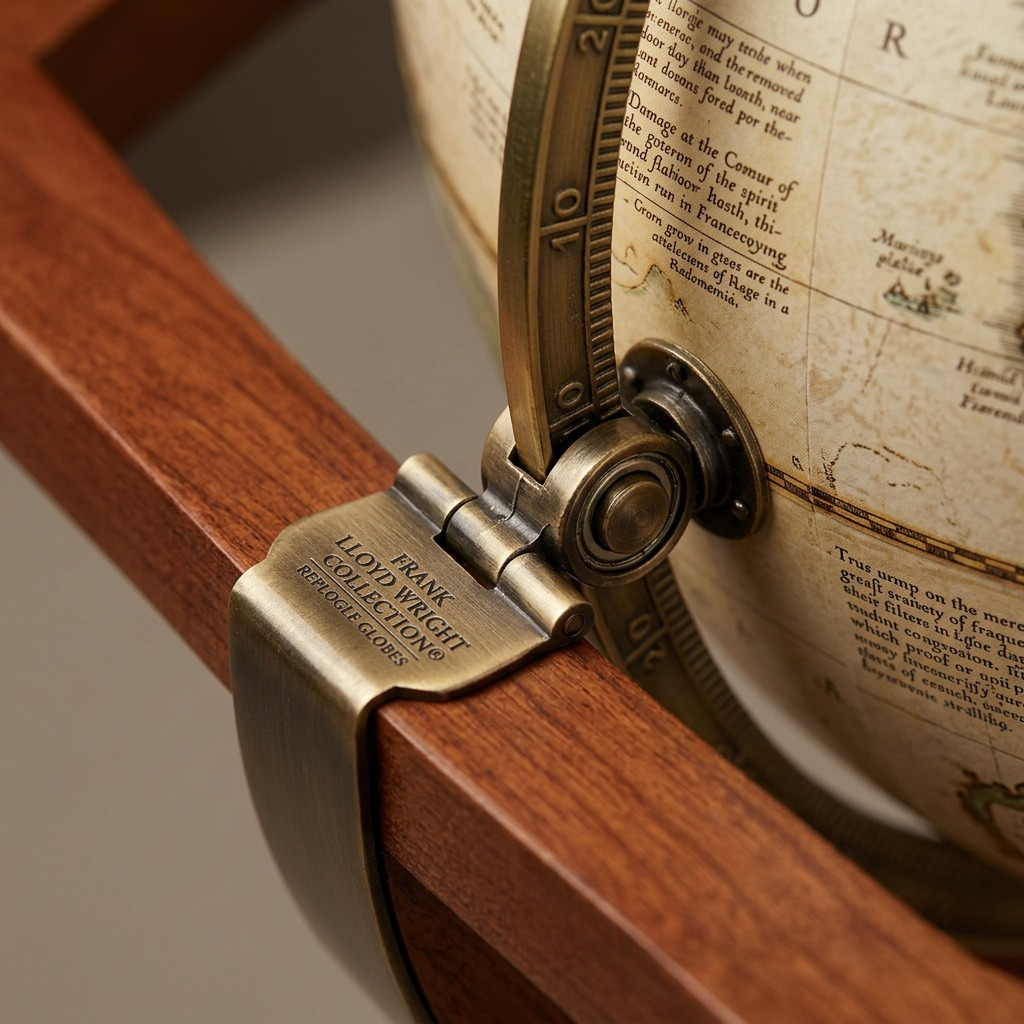 A detailed macro photograph showing the precise wood grain and antique plating on the globe stand.