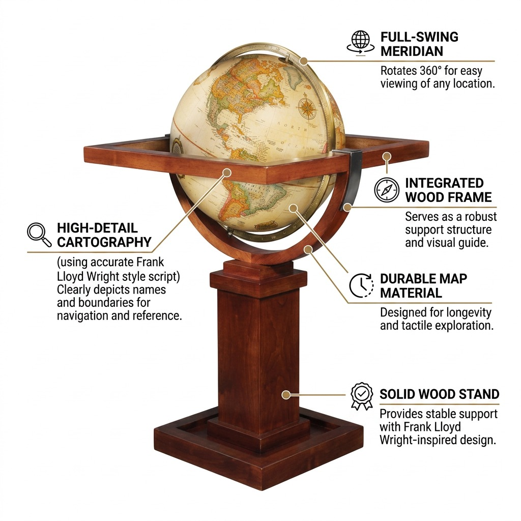 Replogle Wright antique globe callout graphic highlighting meridian, wood components, and detailed cartography.