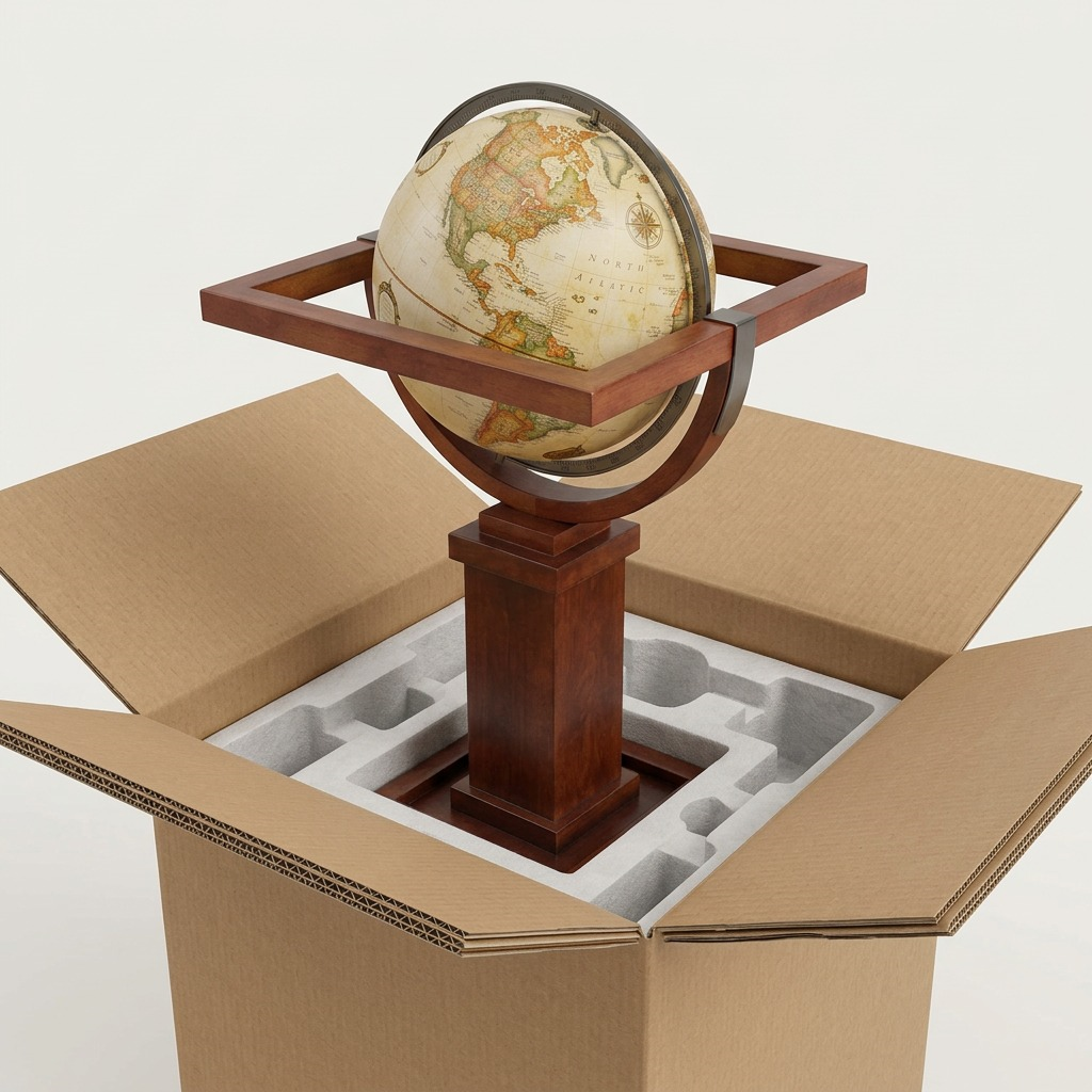 Packaging unboxing showing the WRIGHT globe securely nestled in custom protective foam and cartoning.
