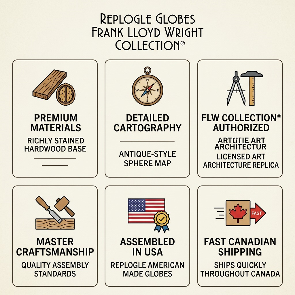 Infographic matrix showing a Replogle Frank Lloyd Wright antique globe with icons highlighting factual cues for build, materials, and shipping trust.
