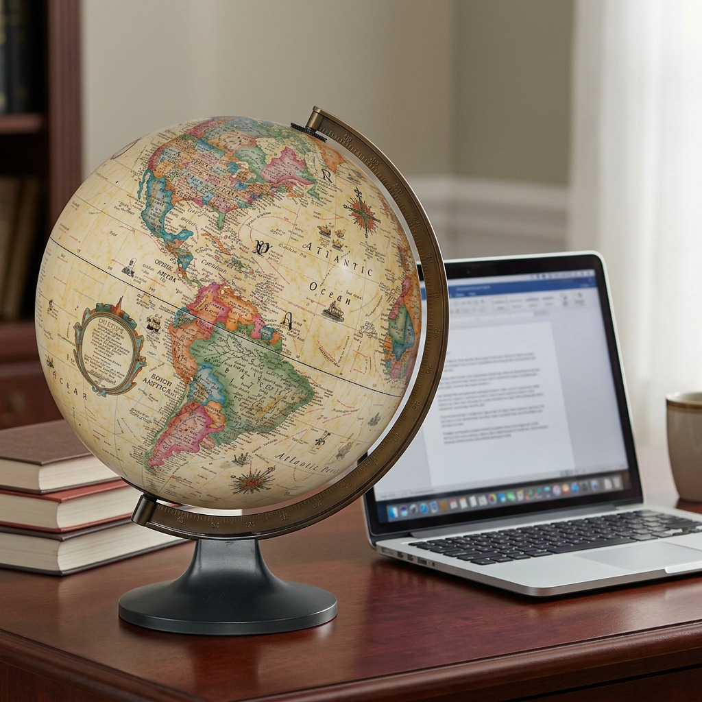A 12" diameter Replogle Copenhagen antique-style globe on a desk next to an open laptop and a smartphone.