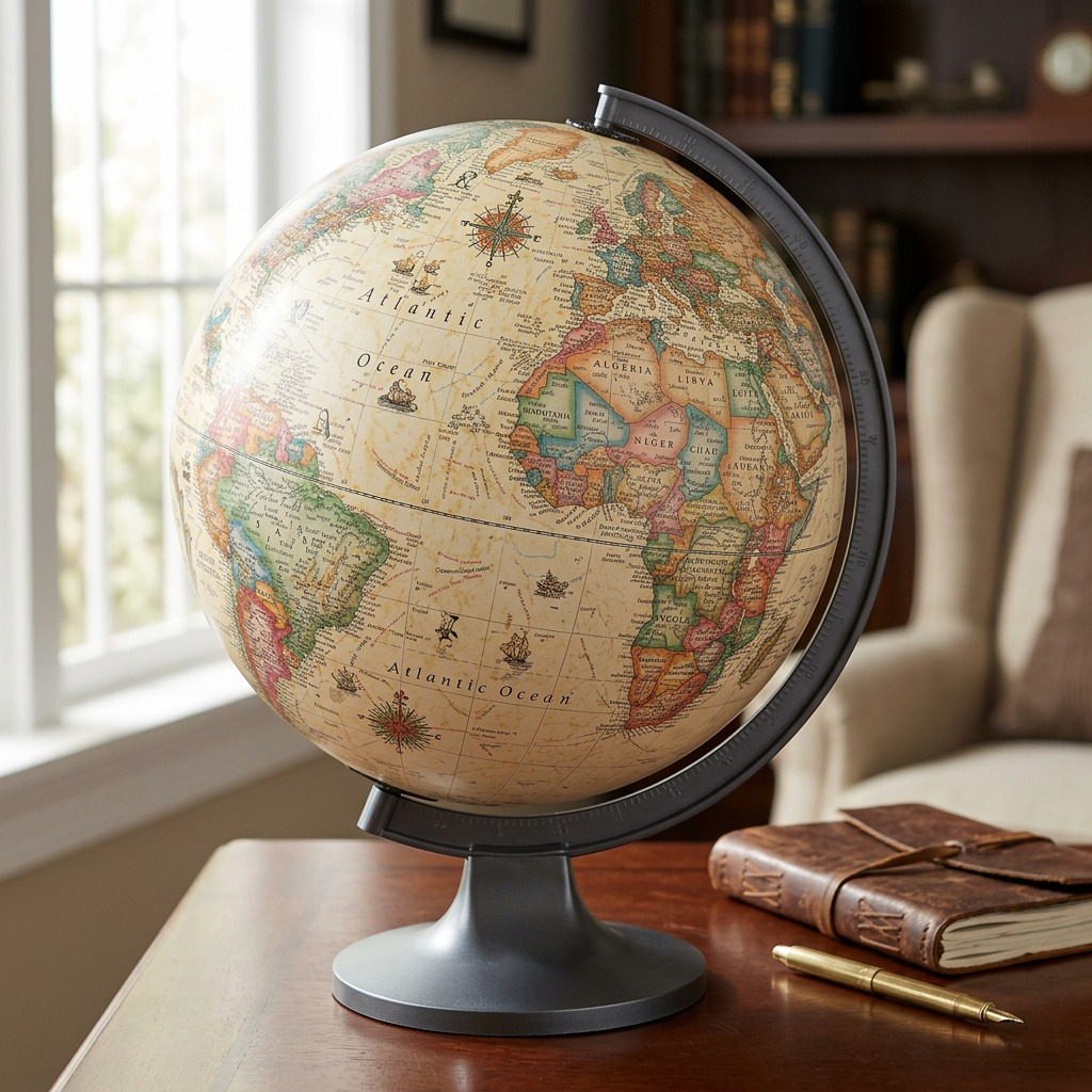 A lifestyle image showing the antique-ocean Copenhagen globe on a wooden desk, lit by natural window light.