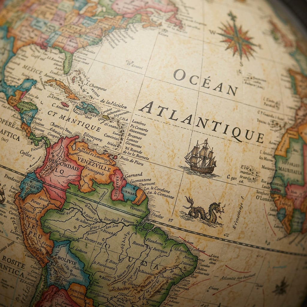 Macro shot of the Replogle Copenhagen globe's antique map with clear French place names.