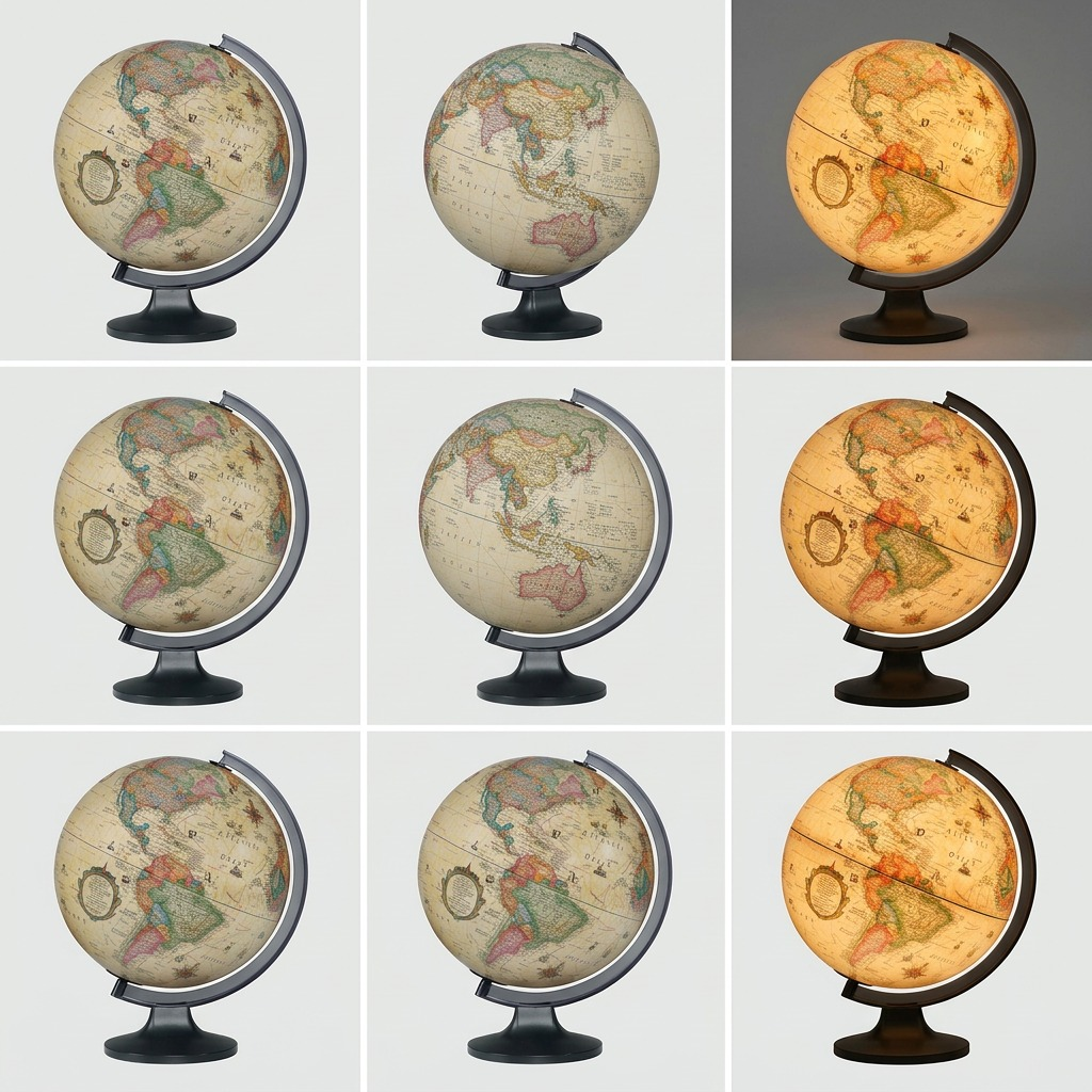 Comparison grid showcasing a Replogle globe in various angles and illuminated states.