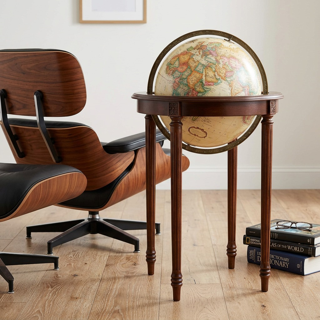 A full-length floor globe stands beside an iconic Eames Lounge Chair, clearly demonstrating its true size.