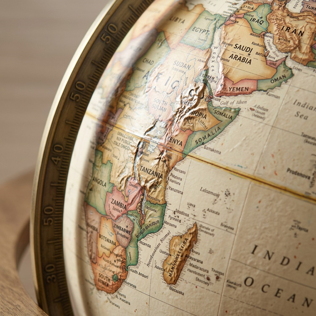 Macro view focusing on the distinct raised relief texture and antique map details of the floor globe, with realistic depth.