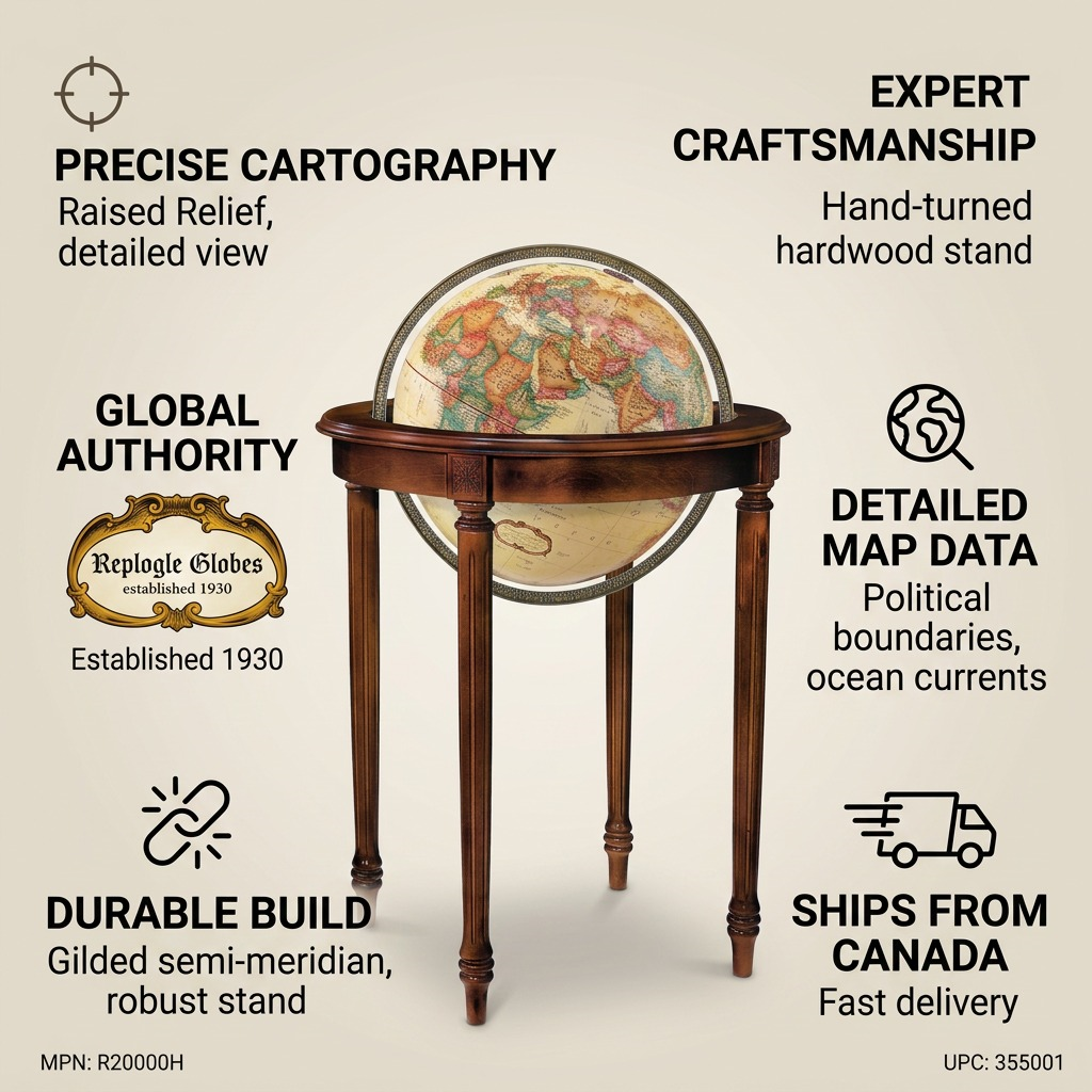 An infographic showing the Replogle Regency floor globe with icons highlighting precise cartography, expert craftsmanship, and Canadian shipping.
