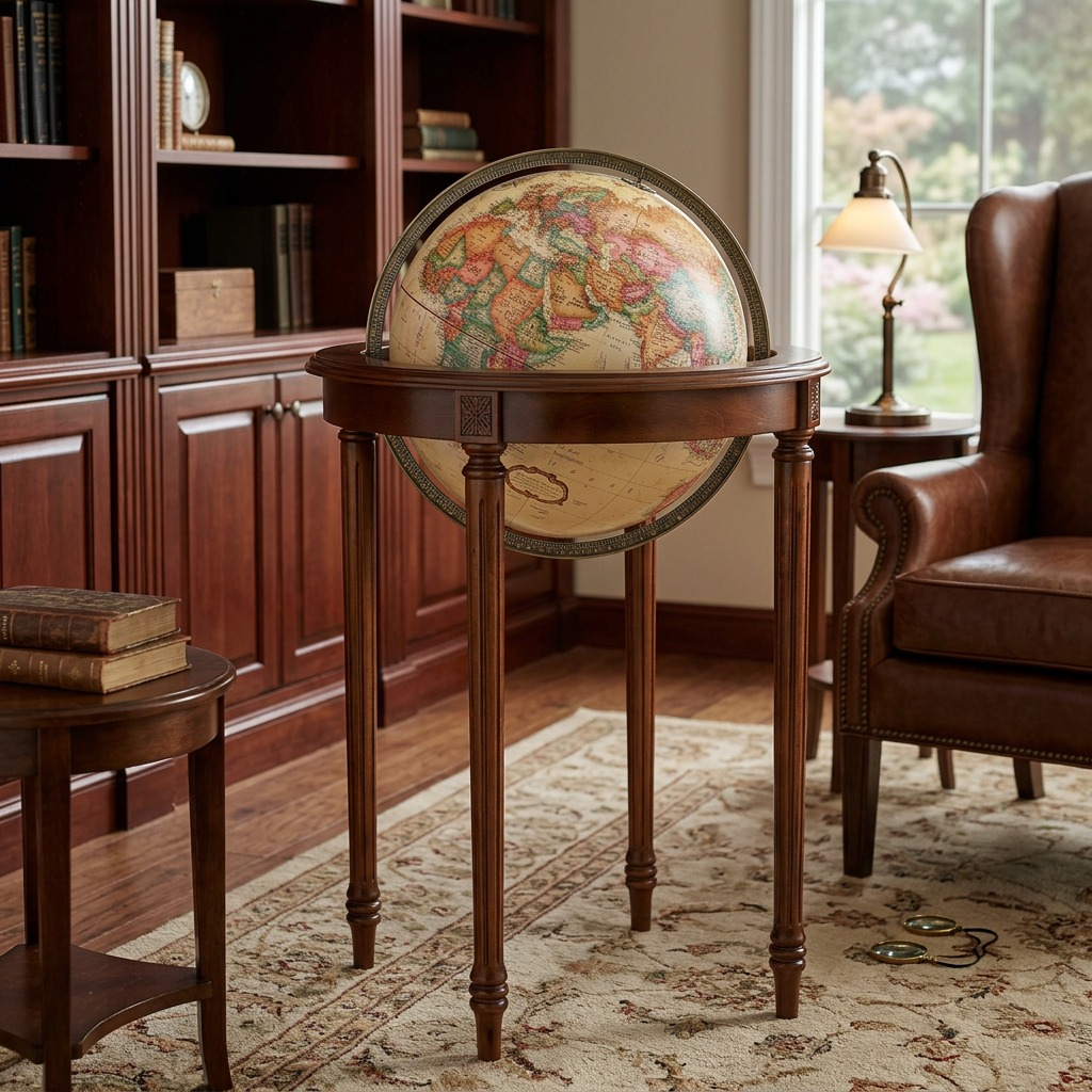 Lifestyle photograph of the Regency globe on its fluted wooden stand, placed in a sophisticated classic study with leather armchairs and a fireplace.