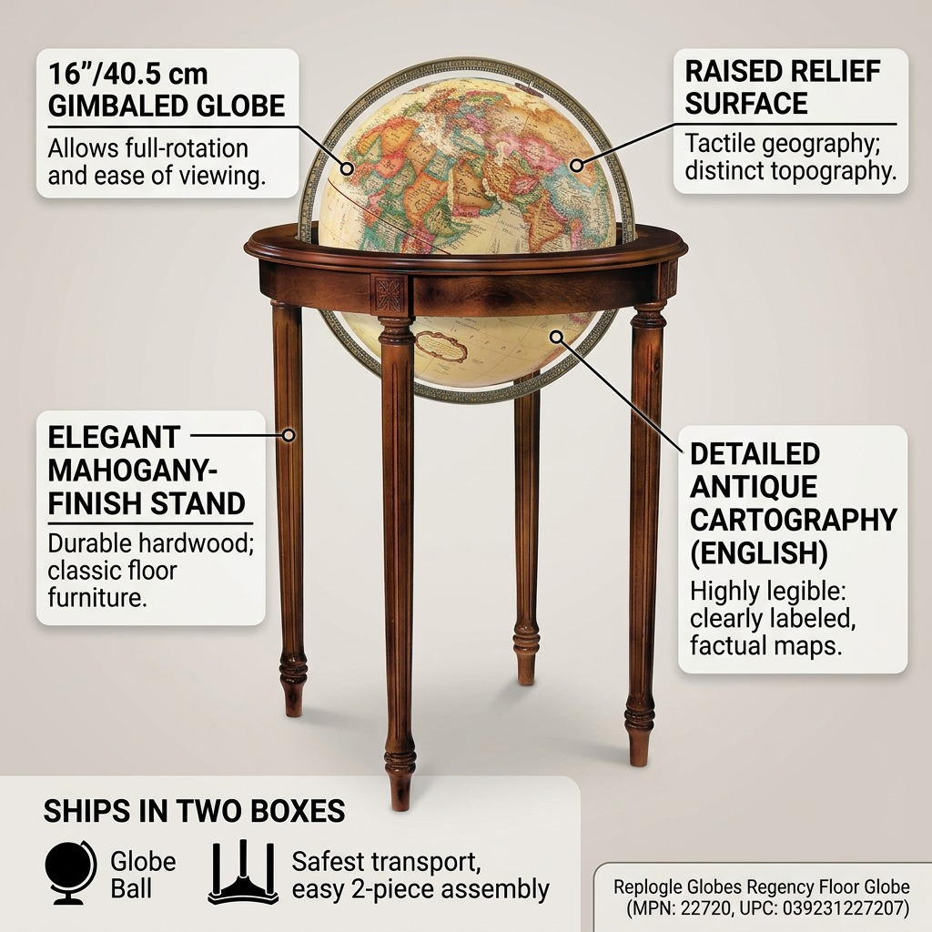 An informative visual matrix for the Replogle Globes Regency floor globe, highlighting its key operational features and user benefits with clean graphic callouts against a neutral studio background.