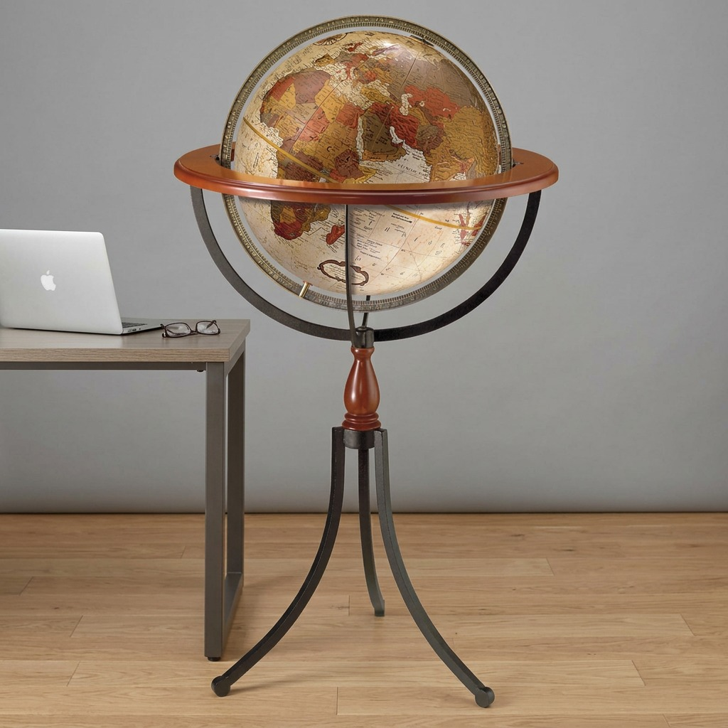 Replogle Santa Fe 16-inch floor globe on a wrought iron stand shown for scale next to an office desk.