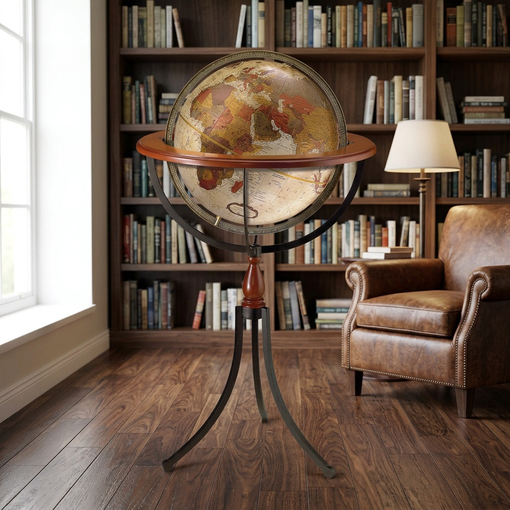 Replogle Santa Fe 16-inch floor globe on a wrought iron stand in a classic library setting.