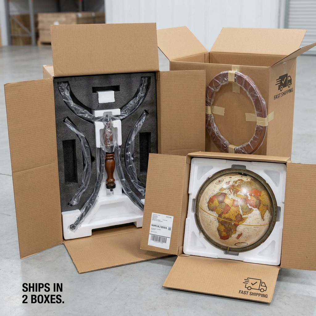 Replogle Santa Fe Floor Globe components securely packed in protective foam across two shipping boxes.