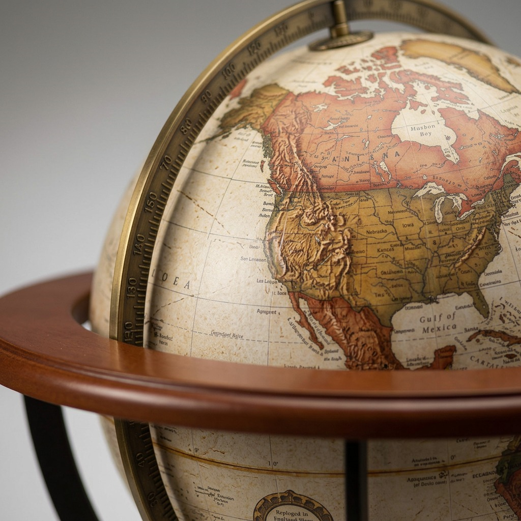 Macro detail of Replogle Santa Fe Globe showing raised relief texture and antique-style map print.