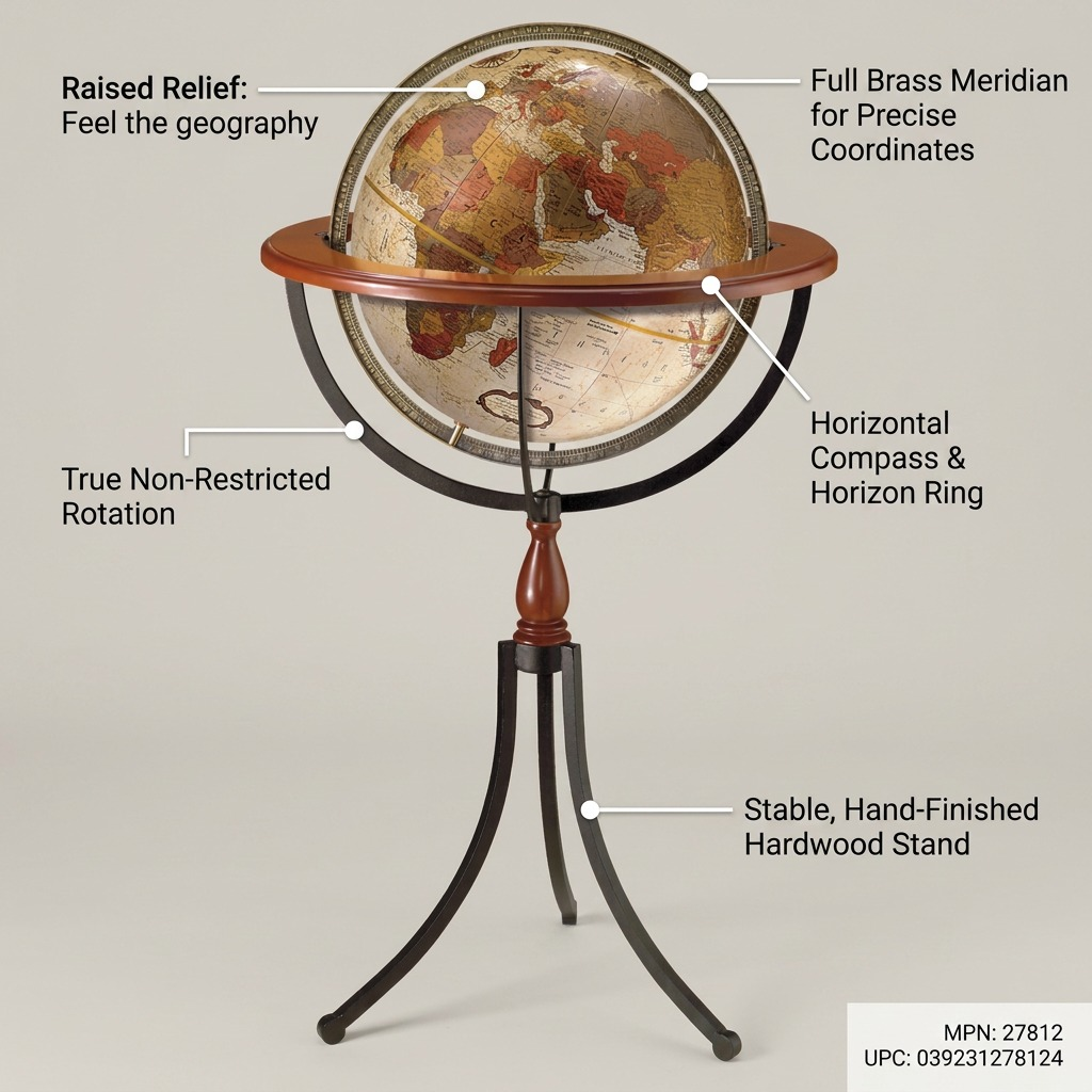 Replogle Santa Fe 16-inch floor globe with callouts for raised relief, rotation, and hardwood stand.