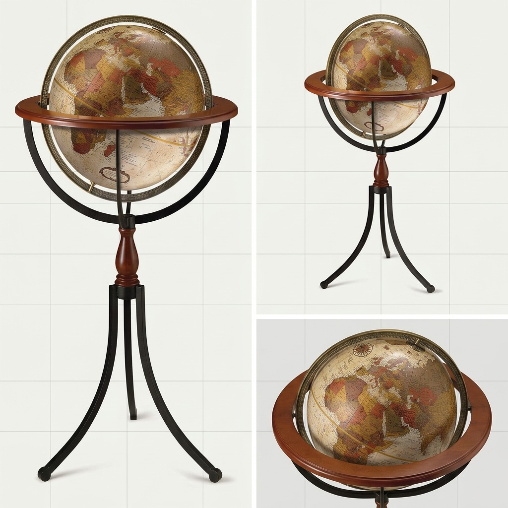 Three views of the Replogle Santa Fe 16-inch floor globe with bronze relief and wrought iron stand.