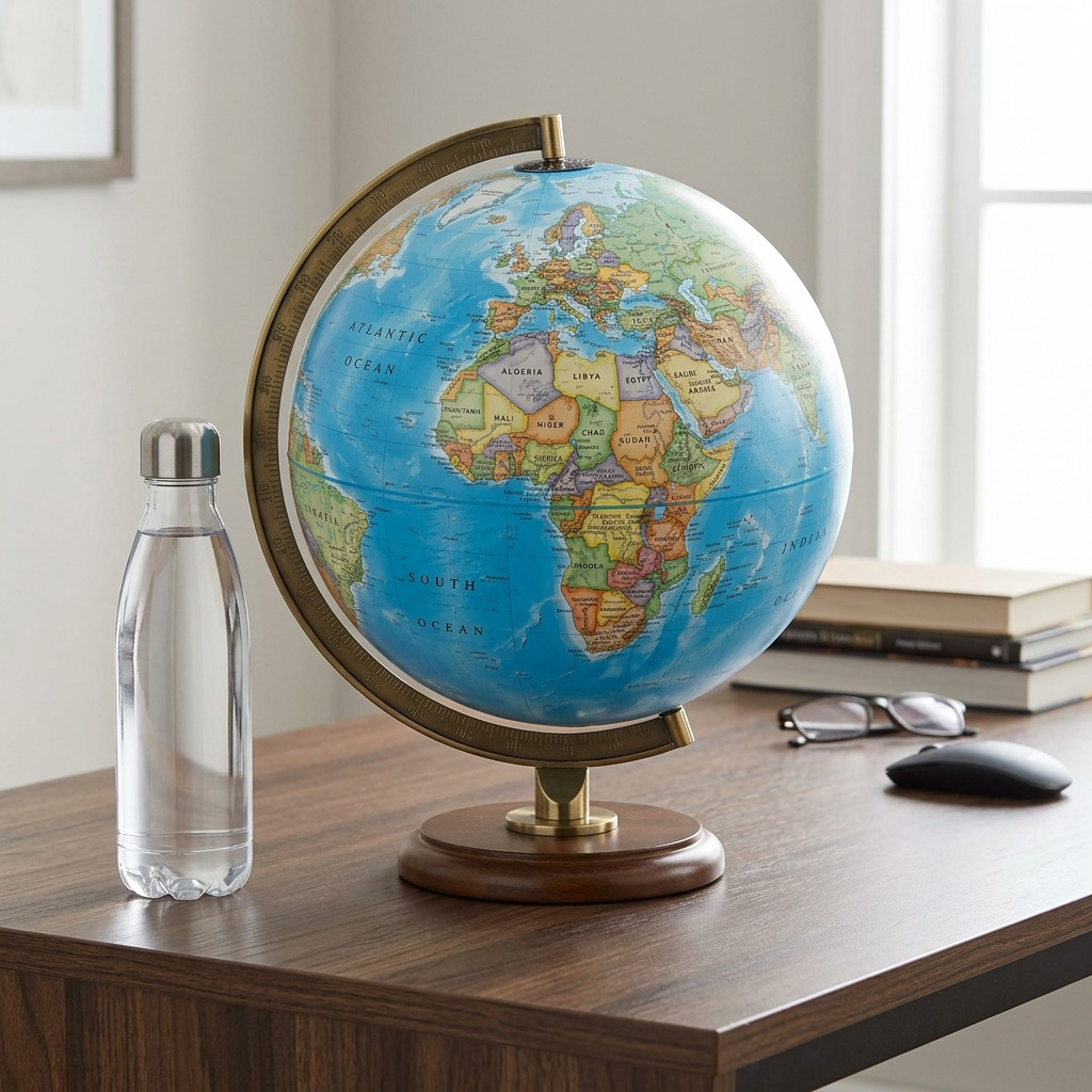 The 12-inch National Geographic Hudson Desk Globe is shown in a desk setting beside a 500ml water bottle for a clear scale reference, with no on-image text or packaging.