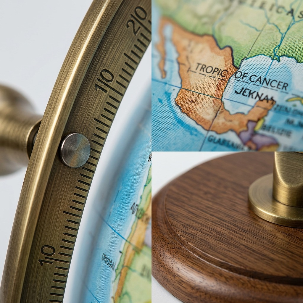 Macro shot showing the detailed cartography print, metal meridian texture, and solid walnut-finished base of a Replogle Hudson desk globe.