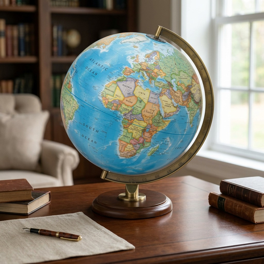 Replogle 12" Hudson desk globe on a wooden desk with a leather blotter in a library.
