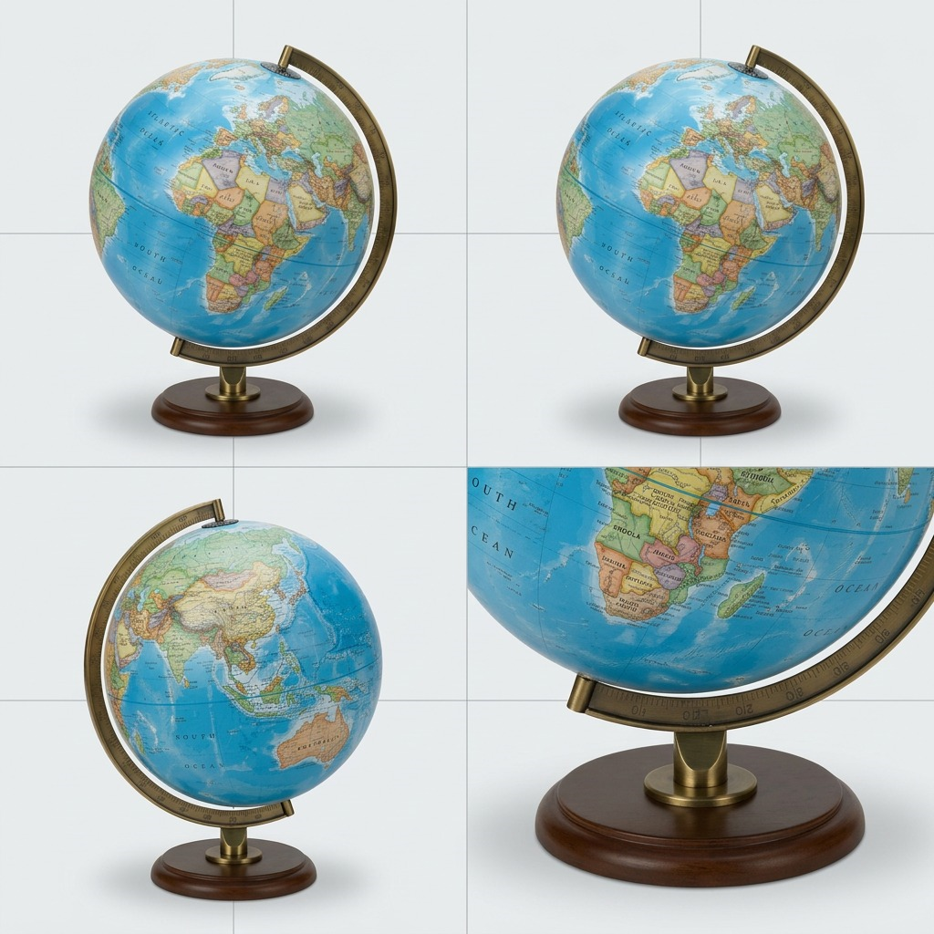 Display a premium ecommerce matrix grid showing the Replogle Globes 12" National Geographic Hudson Desk Globe in four perspectives on a neutral background. The grid includes front, three-quarter front, right side, and left side views, with realistic lighting highlighting the blue cartography and walnut-finished hardwood base.