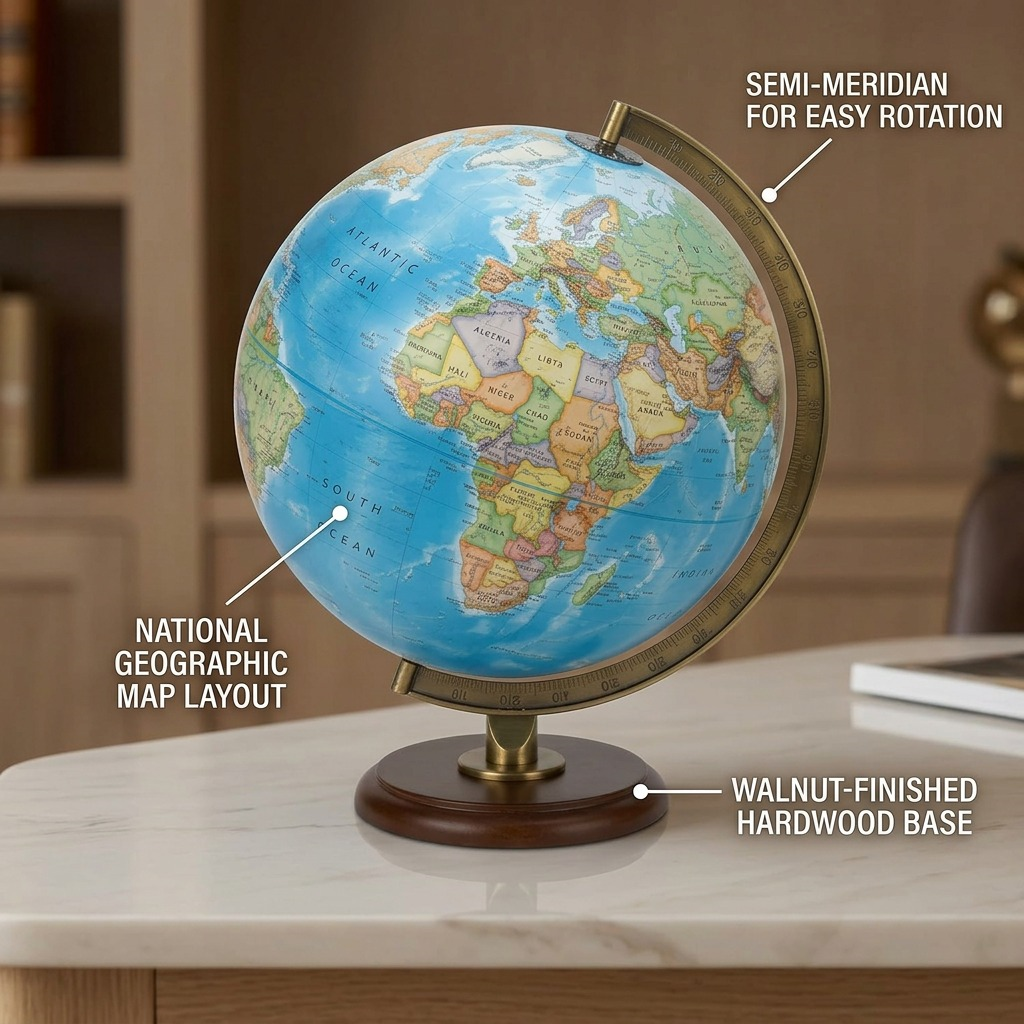E-commerce feature callout image showing a 12-inch desk globe with a blue ocean and walnut-finished base.