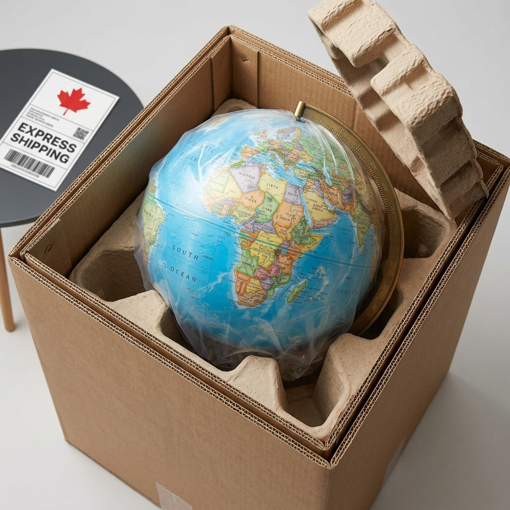 Replogle Hudson globe securely packaged, unboxing from molded pulp inserts with an express shipping label visible.