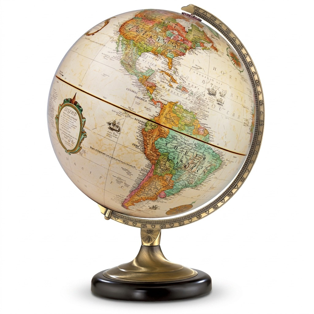 Premium ecommerce hero shot of the Sierra antique ocean globe, isolated on a white background with clean shadows.