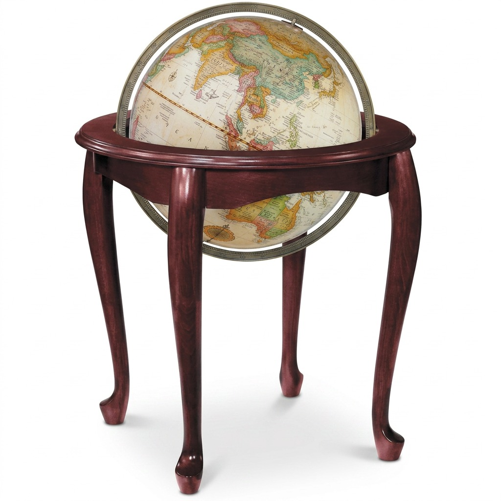 A crisp high-resolution hero shot of the 16-inch Antique Ocean Floor Globe on a cherry-finished Queen Anne stand, isolated on a pure white background.