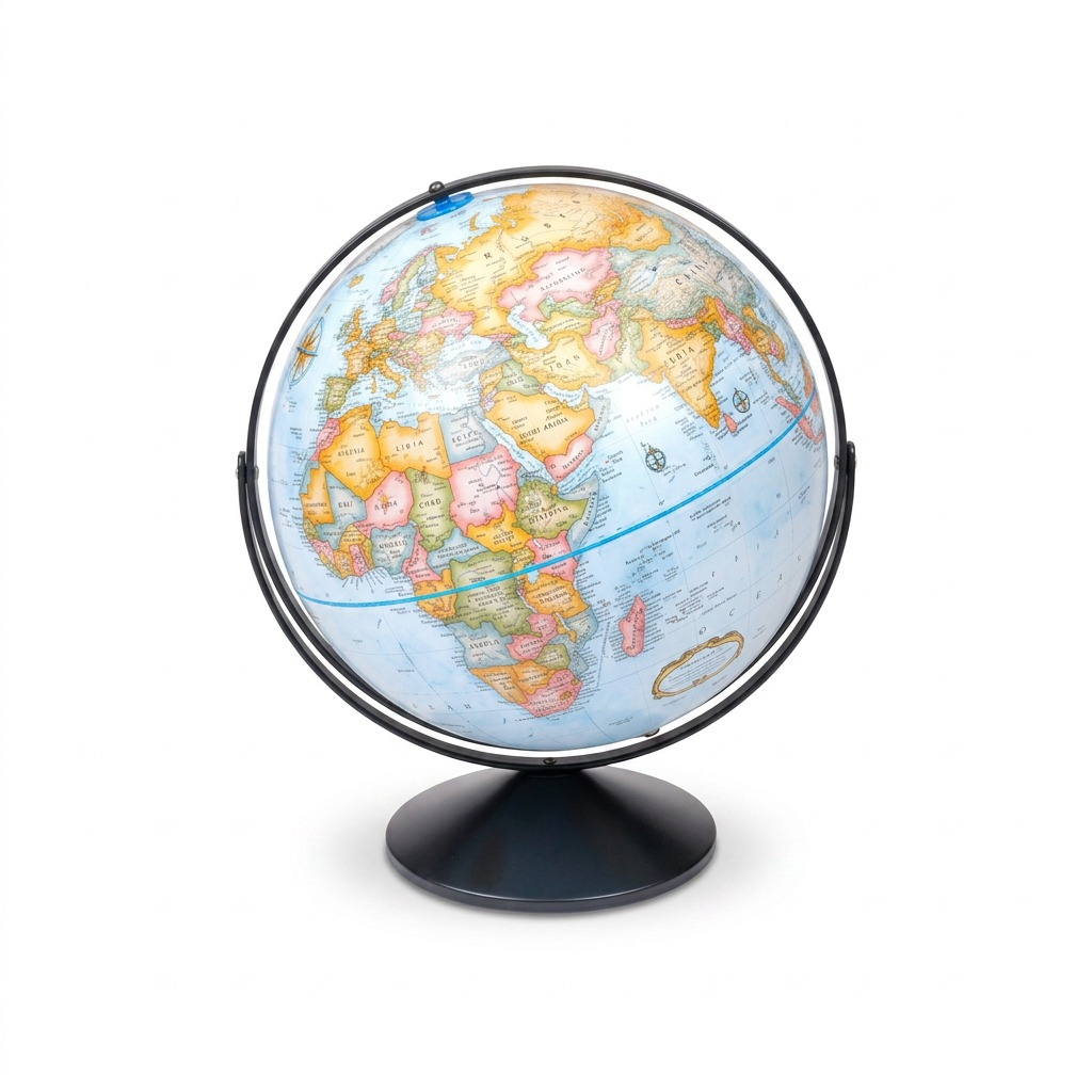 Replogle Globes Eureka Blue Ocean 16" globe in black metal full meridian and base on pure white.