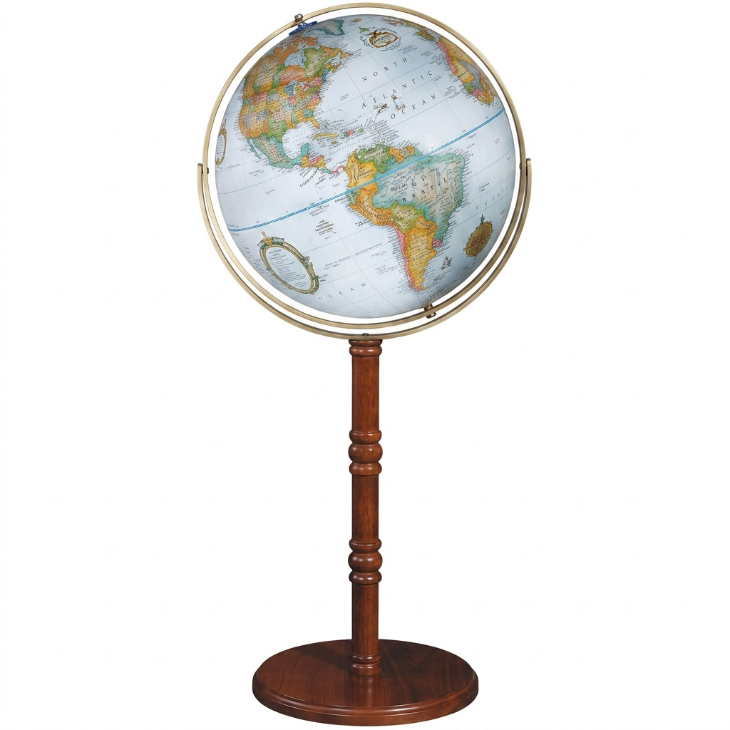 The Replogle Edinburgh floor globe on its walnut stand, isolated against a pure white background.