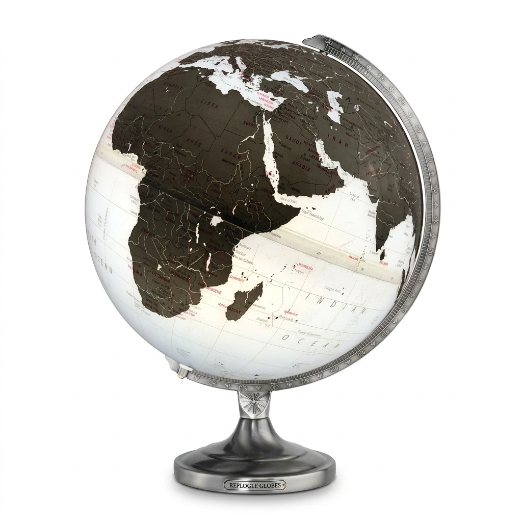 A high-resolution hero shot on white of the illuminated Replogle Kristian globe, highlighting its charcoal-and-parchment world map and metallic silver trim.