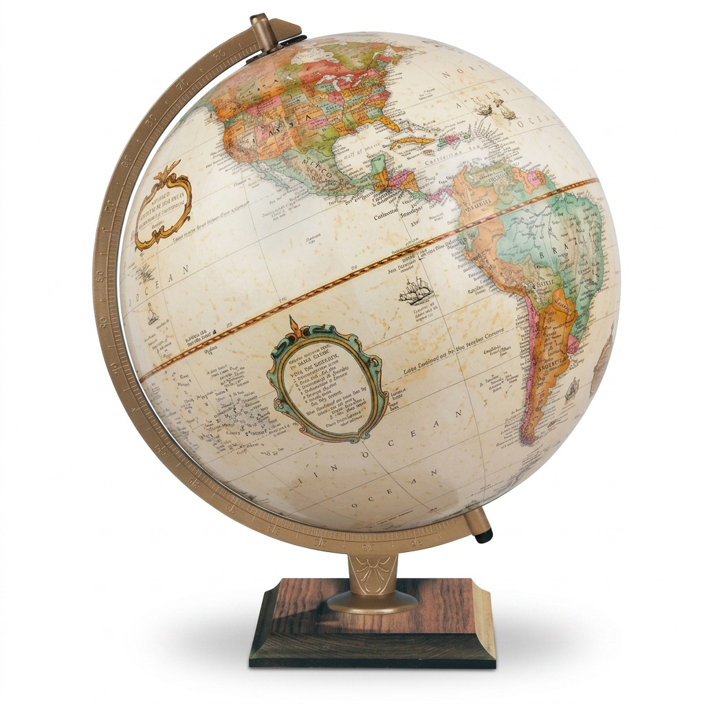 Antique ocean desk globe with bronze meridian and square wood base on white background.