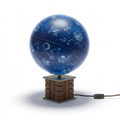 Pure high-resolution hero shot of the illuminated blue constellation globe on a wood base, centered on a white background.