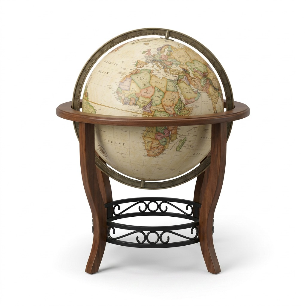 A high-resolution, centered view of the Replogle Globes Garrison antique raised relief floor globe, set against a pristine, seamless white background. Their exact wood, metal, and globe map details are captured with crisp precision.