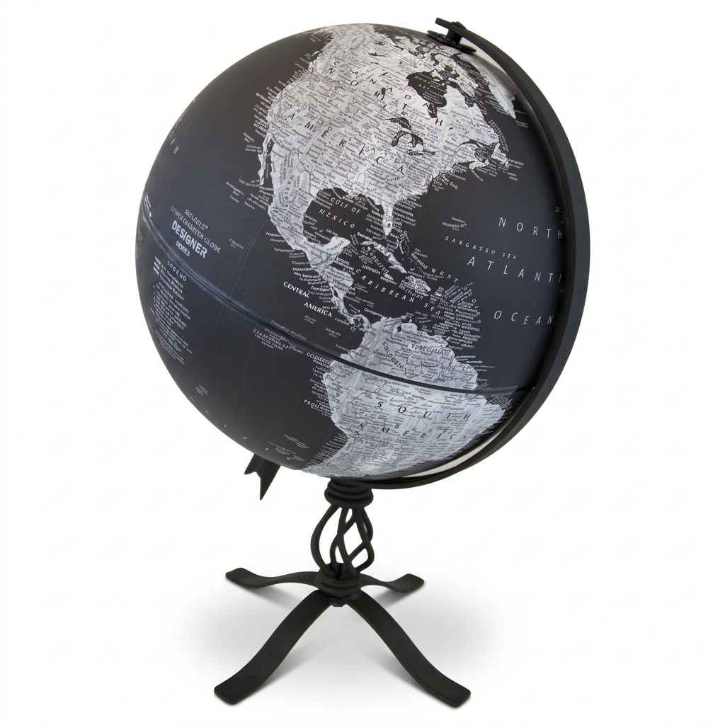 Front view of the black Replogle 12-inch Hamilton desk globe on a sculptural black metal stand.