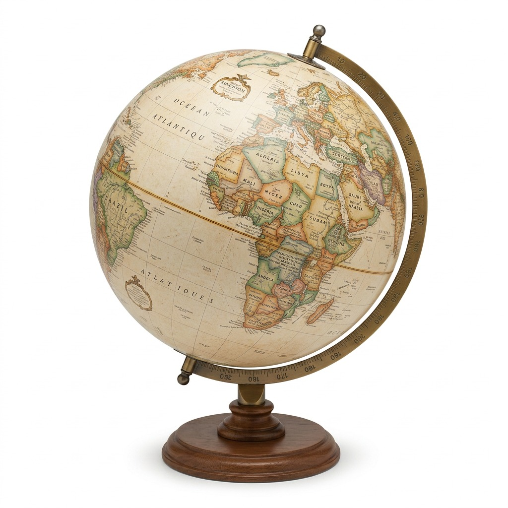 Replogle Globes Kingston 12" Antique Ocean Desk Globe with French labels and brass-plated meridian on a wood base.