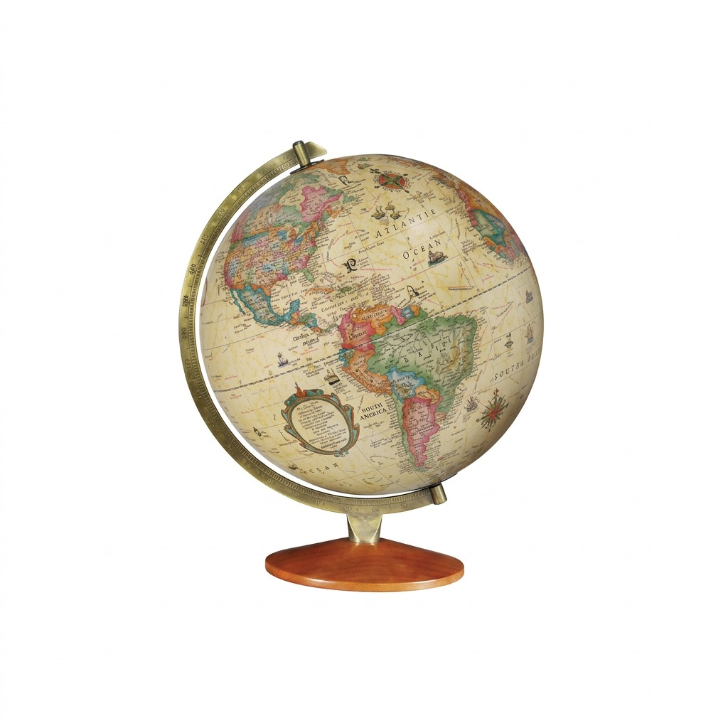 Replogle Globes Odessa 12" Antique Ocean Desk Globe, illuminated, with brass finish cradle on wooden base.