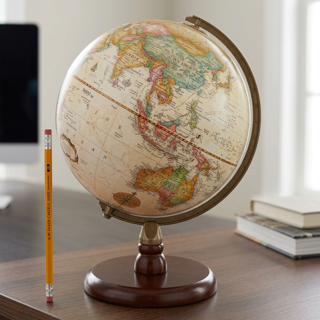 A close-up view of the reference globe and a graphite pencil, accurately demonstrating its size.