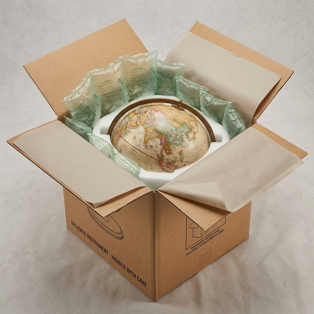 An unboxing scene shows the internal protection of the Replogle Globes desk globe from shipping damage, with specific protective foam and air-pillows within a sturdy shipping container.