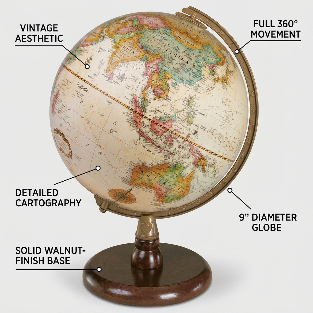 A feature graphic image detailing the Replogle Quincy 9" antique ocean desk globe with text callouts