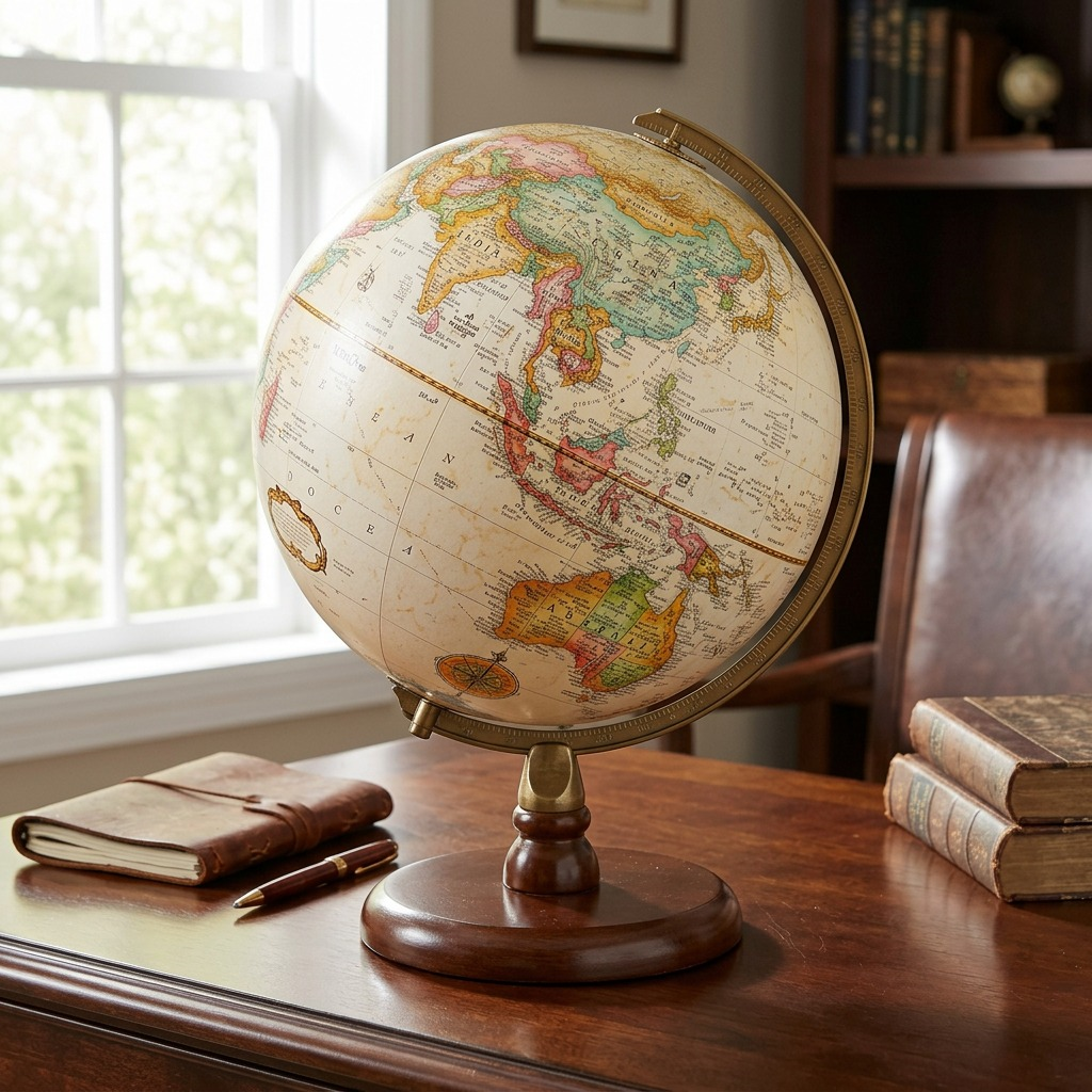 A detailed lifestyle photograph of the Replogle Quincy globe on a professional antique wood desk environment.