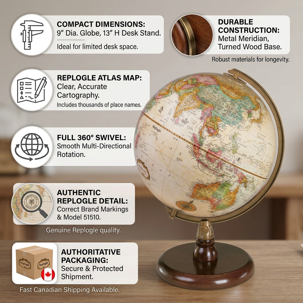 Infographic of Replogle Quincy Globe detailing its construction, materials, and fast Canadian shipping.
