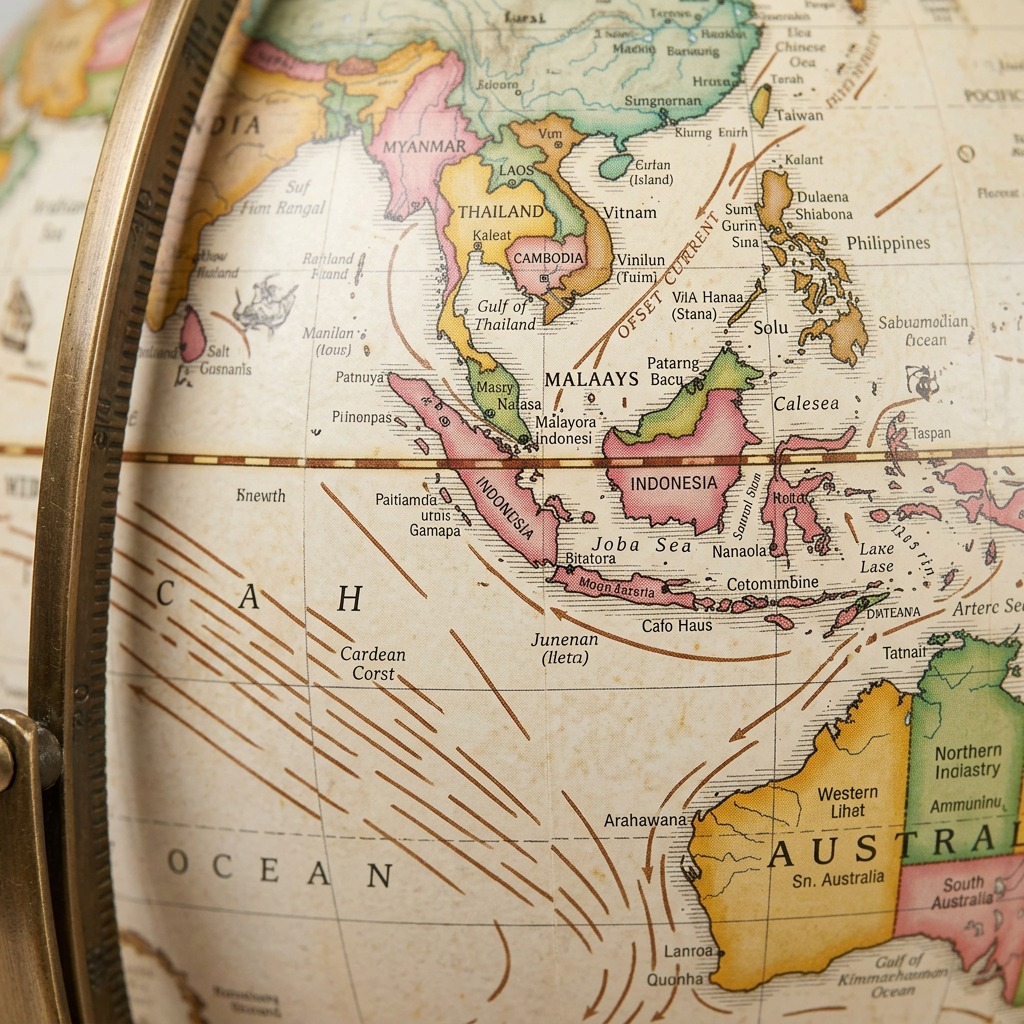 ~A macro photo of the Replogle Quincy globe, showing detailed map text and aged paper texture.