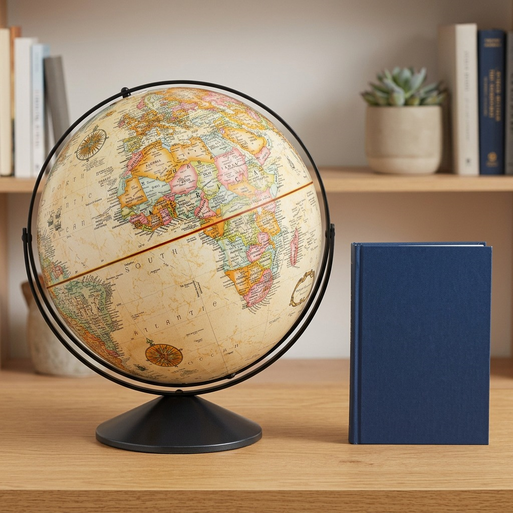 Replogle Globes Eureka 16" globe standing next to a standard hardcover book on a wooden desk.