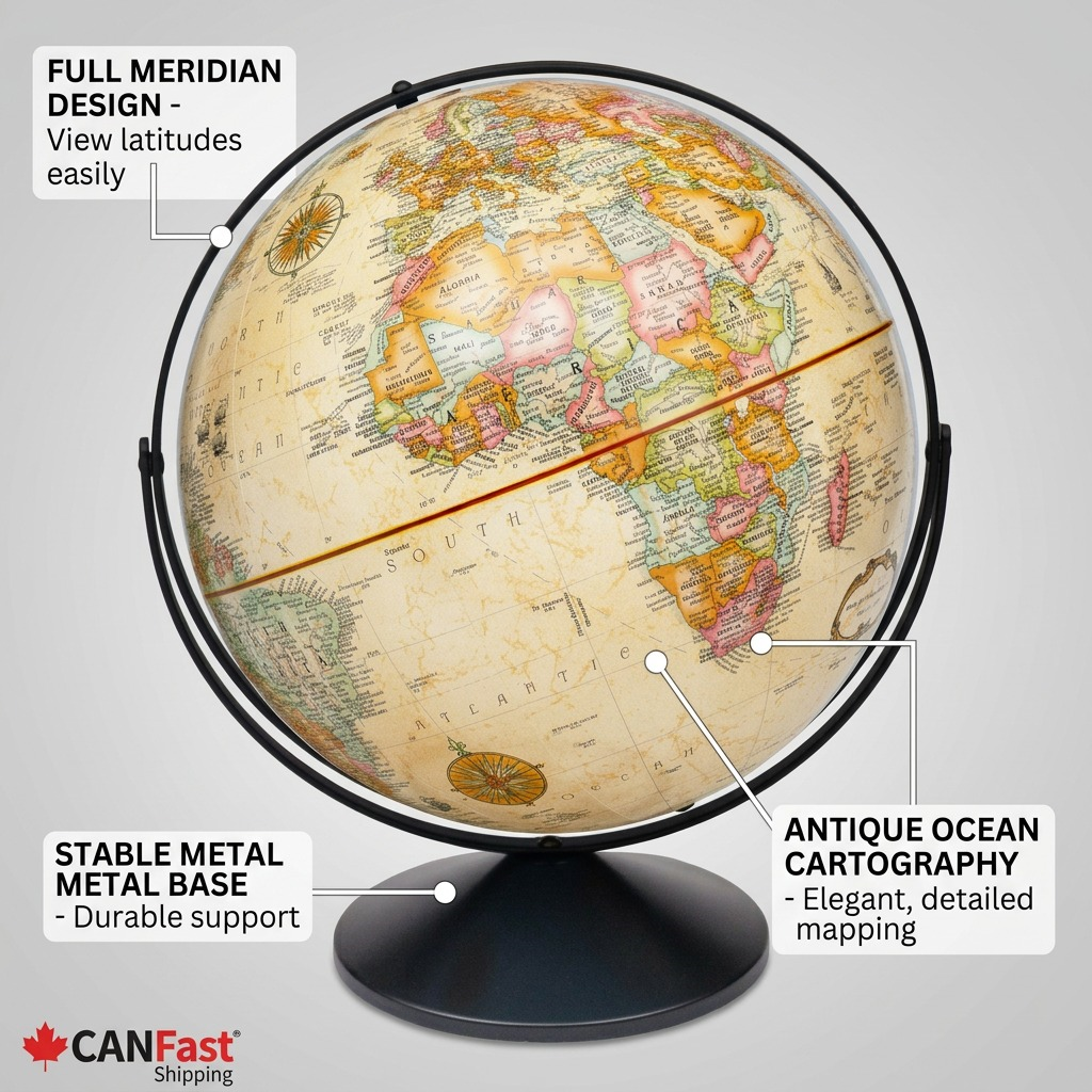 A graphic showing the Replogle Eureka globe with feature callouts and benefits, including the full meridian design and antique cartography.