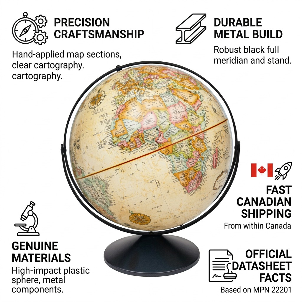 Replogle Globes Eureka antique-style globe shown with 'Trust and Authority' infographic details and icons.