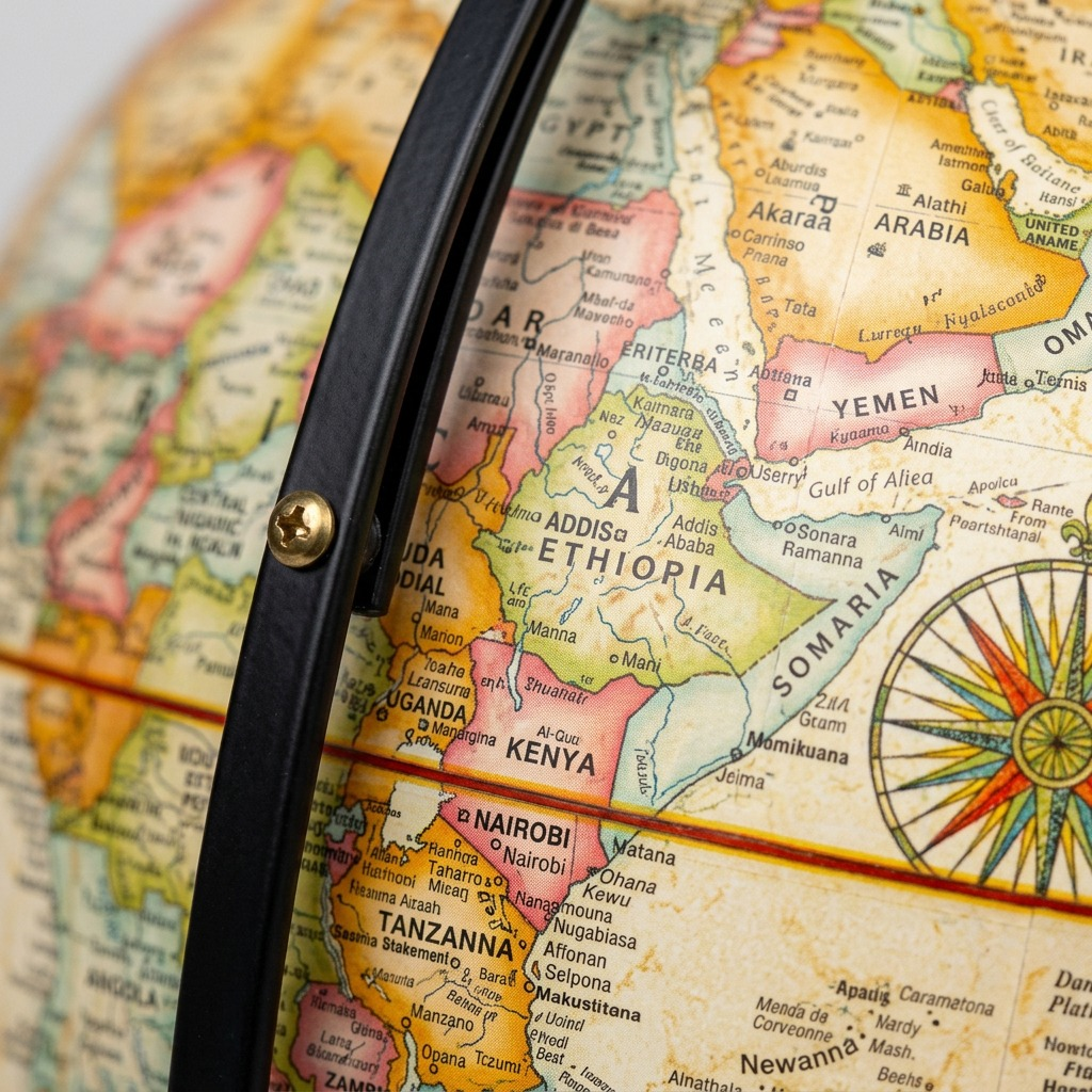 Macro detail showing Ethiopia and Kenya on the Replogle Eureka globe, metal meridian, and paper texture.